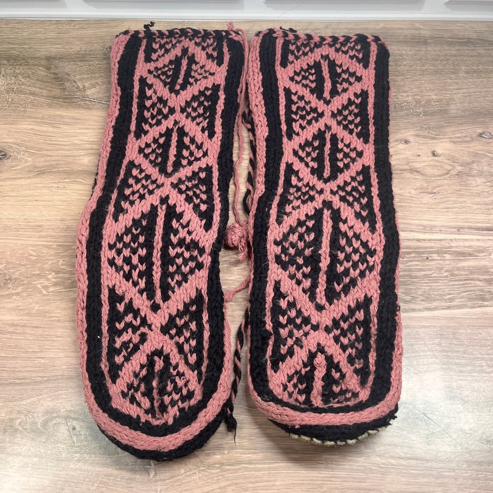 Handmade Slipper Socks Sole Pink Black Knit Suede Sole Pakistan Small/Size 7